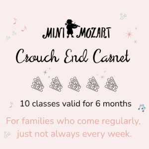 Black text on a light pink background saying "Crouch End Carnet, 10 classes valid for 6 months."