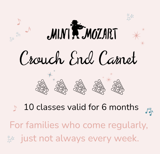 Black text on a light pink background saying "Crouch End Carnet, 10 classes valid for 6 months."
